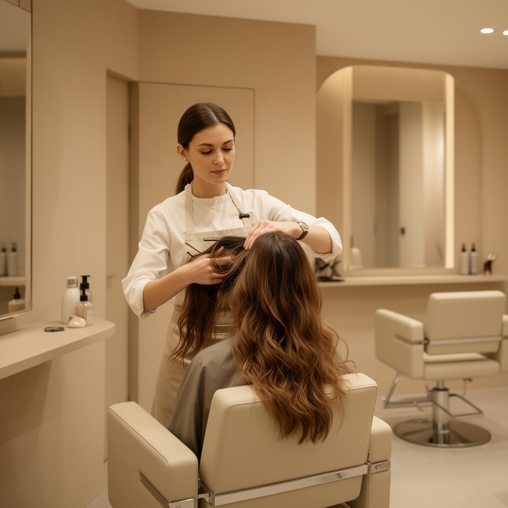 Professionell frisör applicerar XoExtensions hairextensions